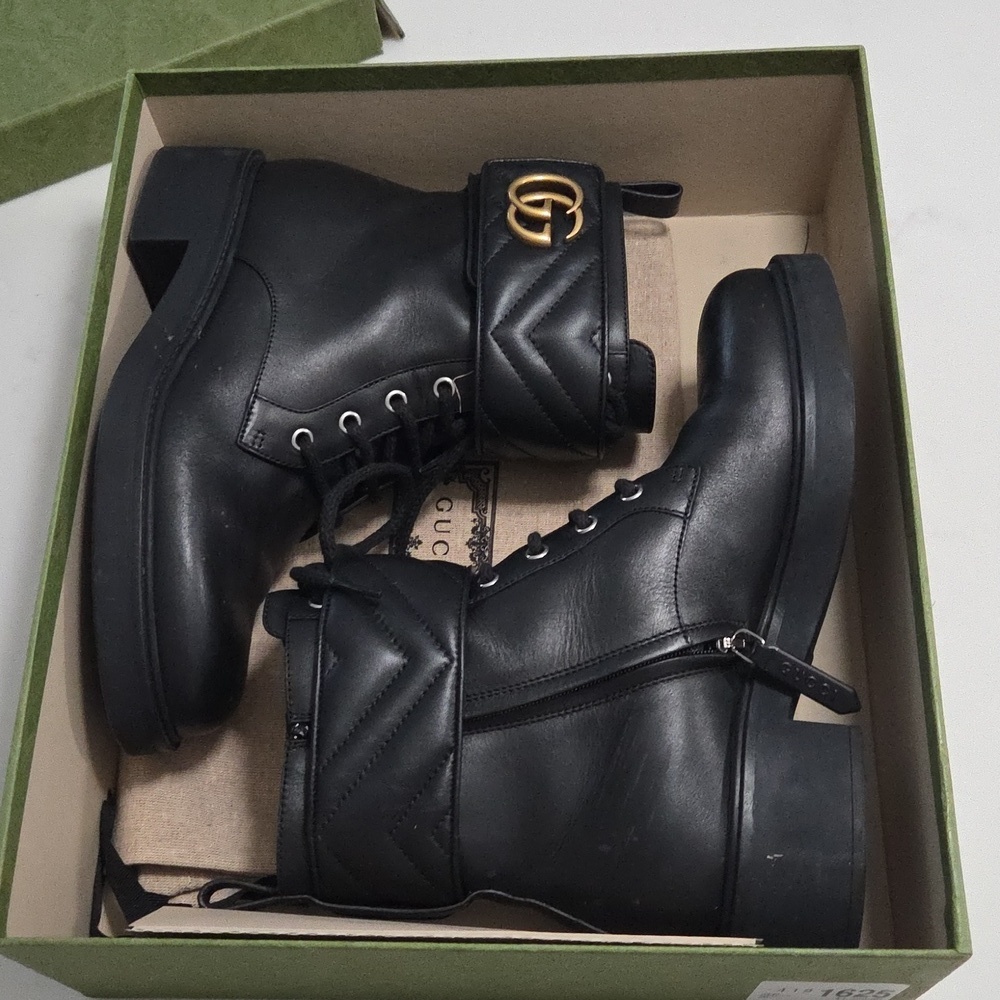 Gucci Marmont Leather Bootir Black Combat Ankle Boots